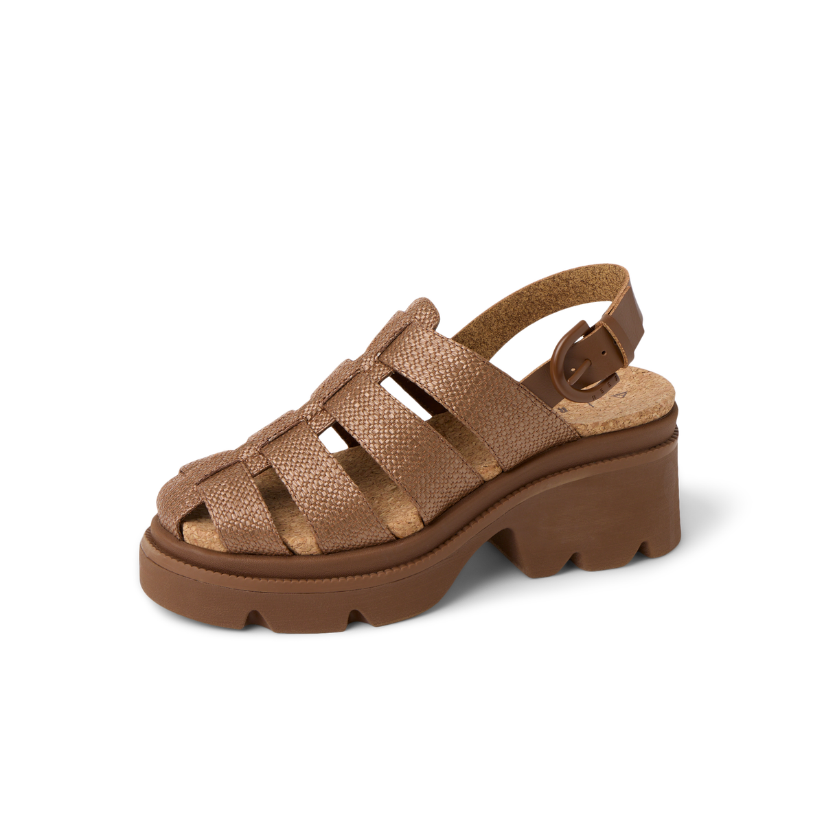 Vista Luxe Lucie women's sandal facing right, chocolate raffia upper with cushioned platform sole for comfort.