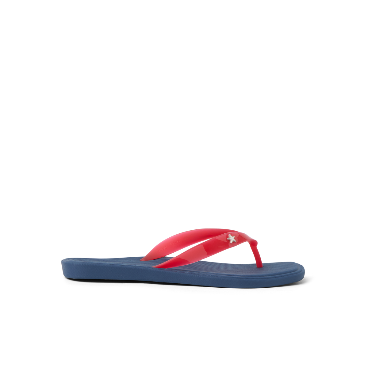 Solaye women's flip flop facing right with red straps and blue sole, surf-inspired comfort and arch support.
