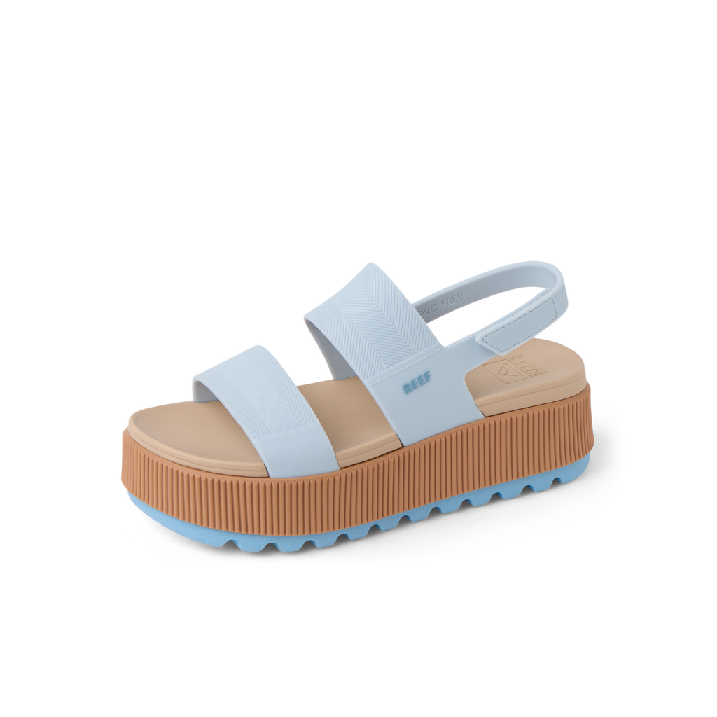 Water Vista Higher women's sandal facing left, blue straps with cushioned platform sole, beach-inspired comfort footwear.