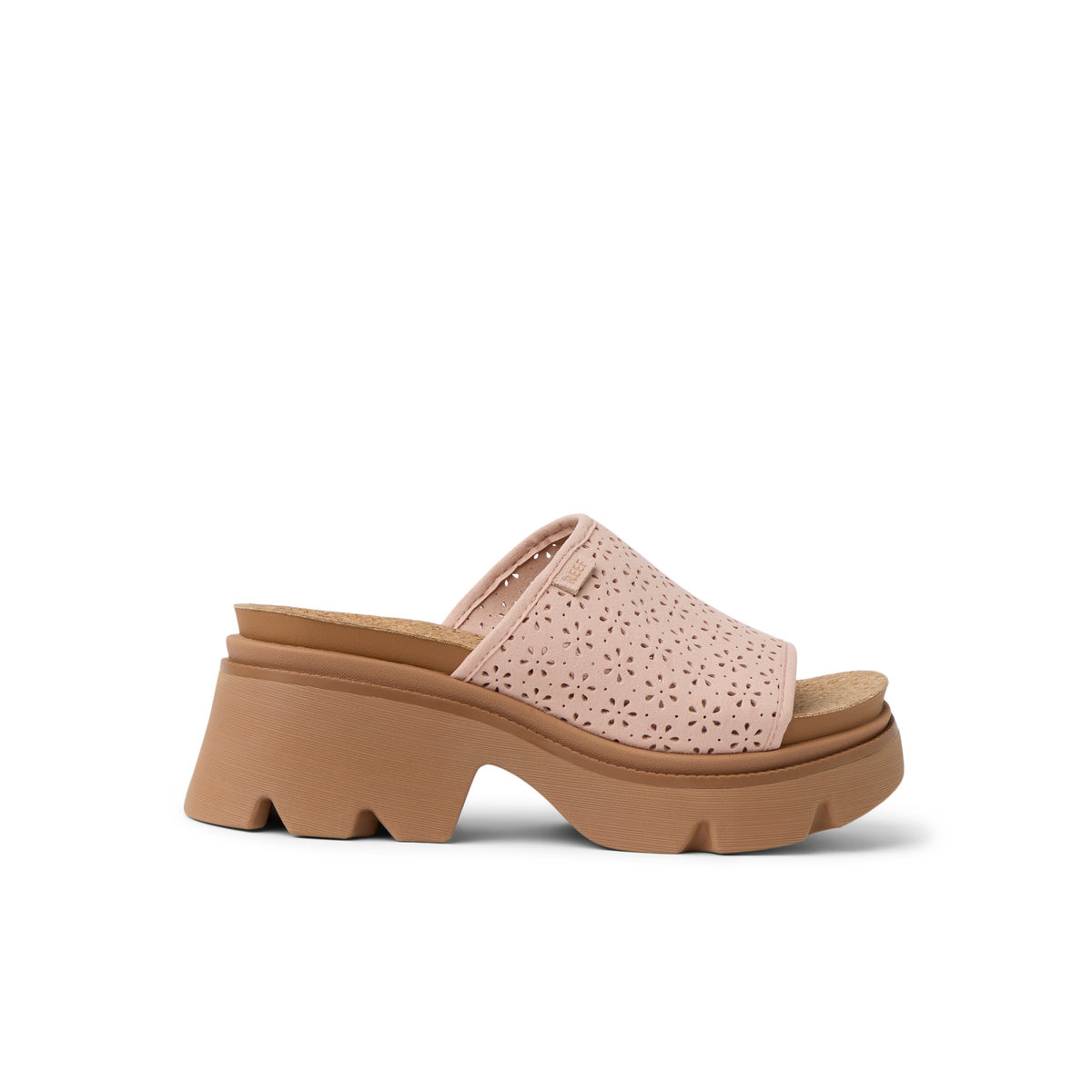 Vista Luxe Evie sandal facing right, featuring pink perforated upper and cushioned beige platform sole for beach comfort.