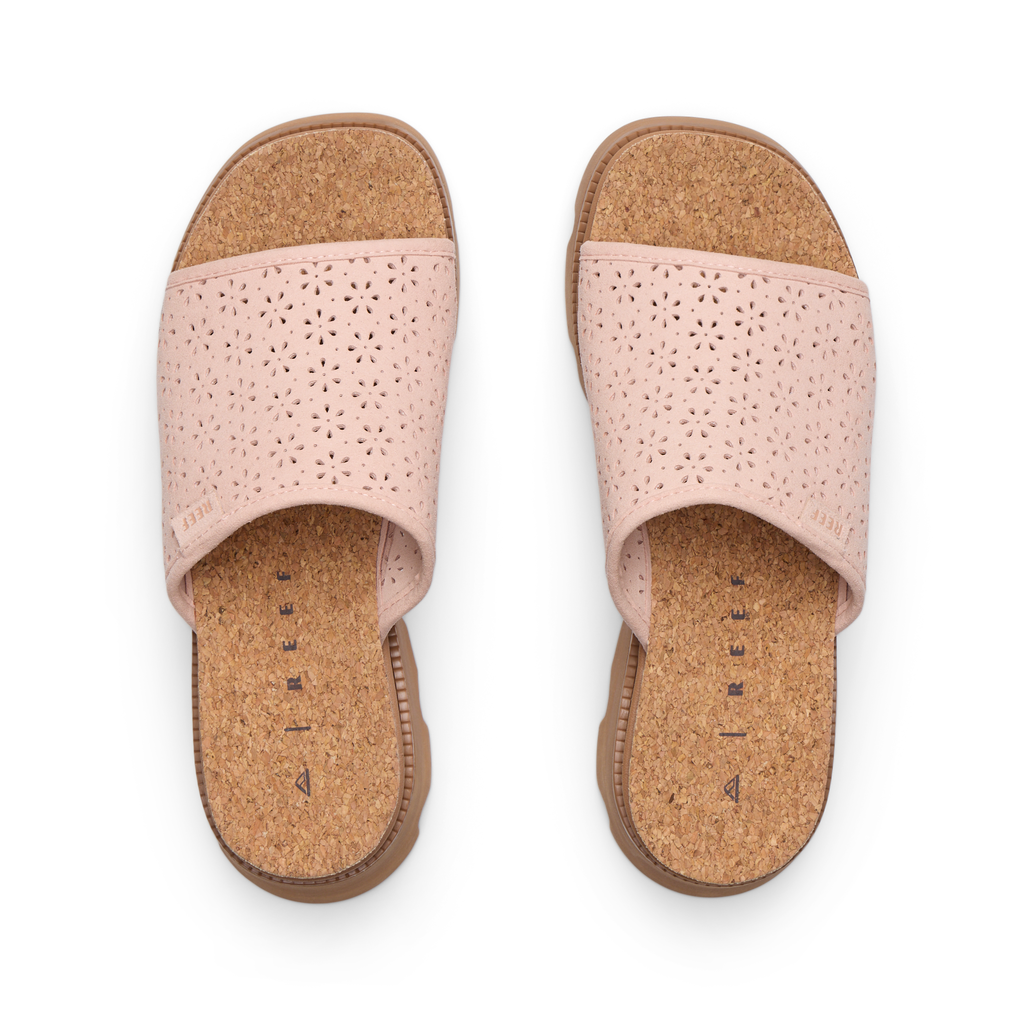 Vista Luxe Evie women's sandals facing up, cork footbed, soft pink perforated straps, comfort and arch support.