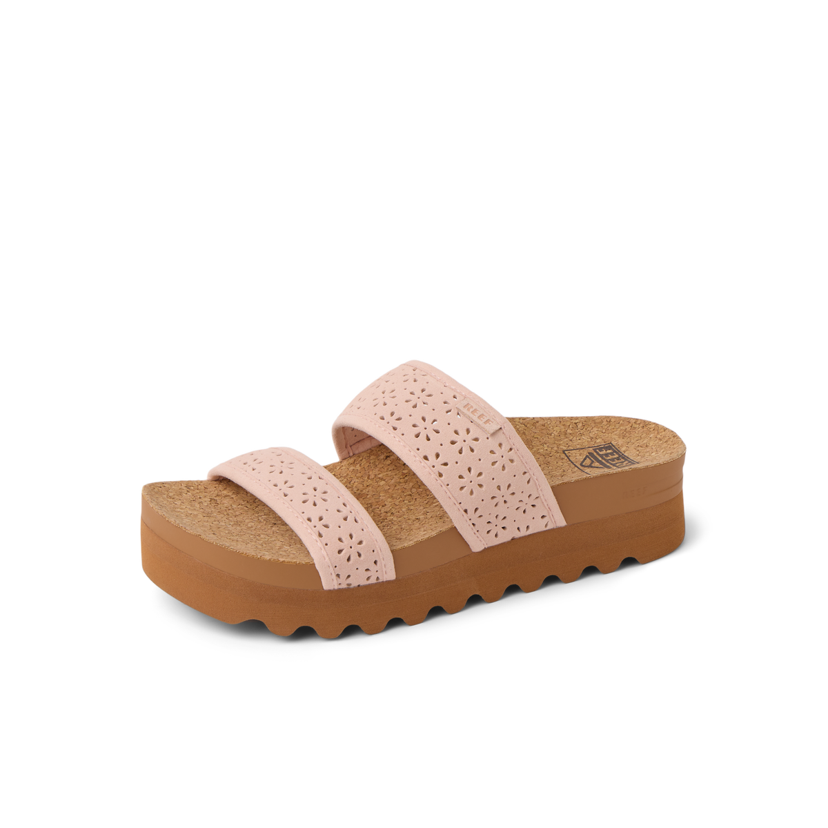 Cushion Vista Hi women's sandal facing right with pink perforated straps, cork footbed, and durable brown sole for beach comfort