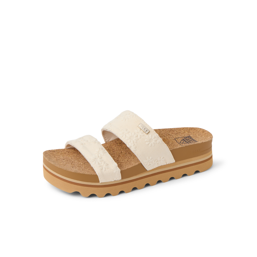Cushion Vista Hi sandal facing right with floral textured straps, cork footbed, soft cushioning, and arch support for women.