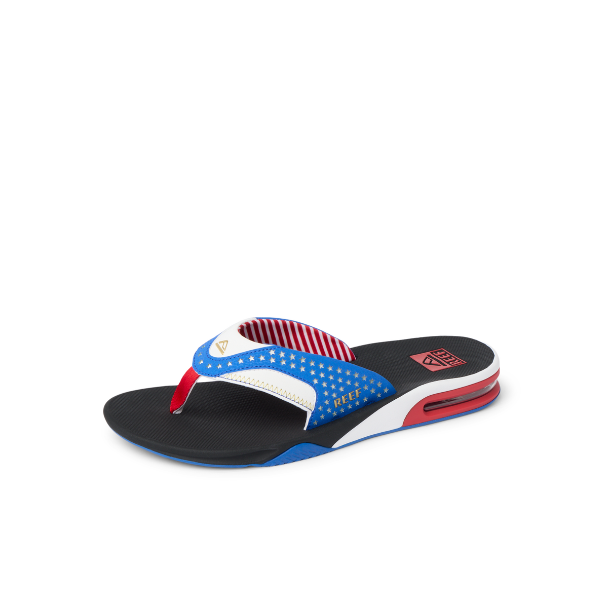 Fanning men’s right-facing sandal with patriotic colors, anatomical arch support, and soft-rebound cushioning for beach comfort.