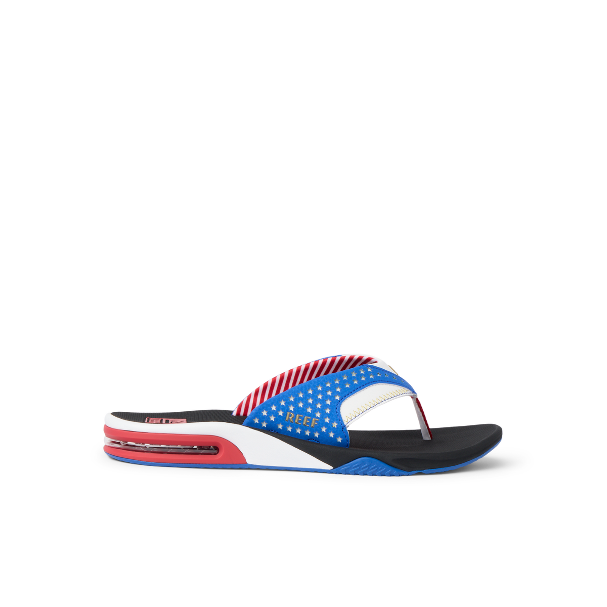 Fanning men’s sandal facing right, featuring blue star pattern, cushioned arch support, and water-friendly materials for beach comfort.