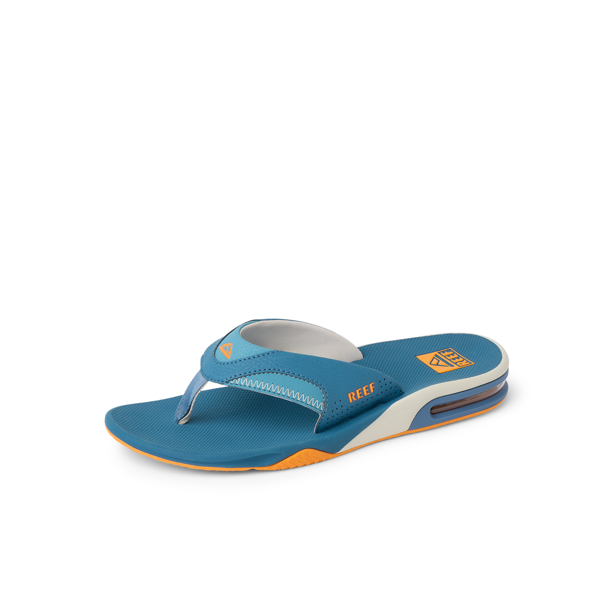 Fanning men's right-facing sandal in steel blue and marigold with extra cushioning and anatomical arch support.