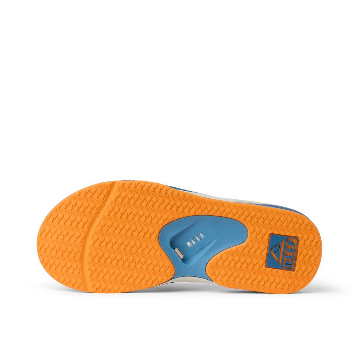 Fanning shoe sole facing upward showing durable orange tread and blue molded arch support with REEF branding for men.