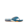 Fanning men's blue flip flop facing left, showing side with anatomical arch support and soft cushioning sole.