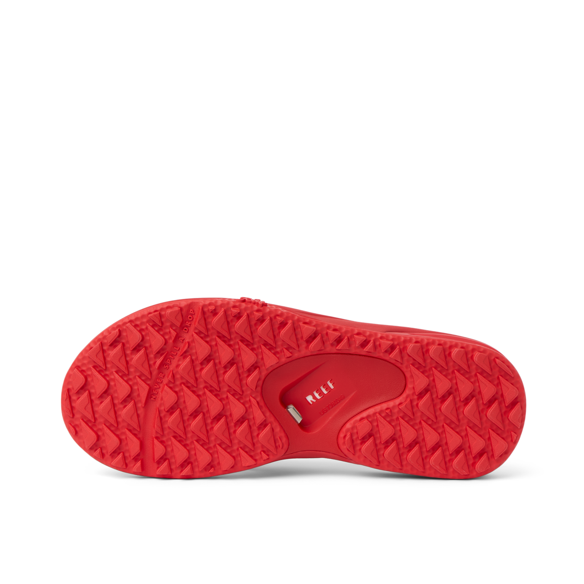 Fanning Pregame red shoe outsole facing up, showing durable water-friendly tread with anatomical arch support design.