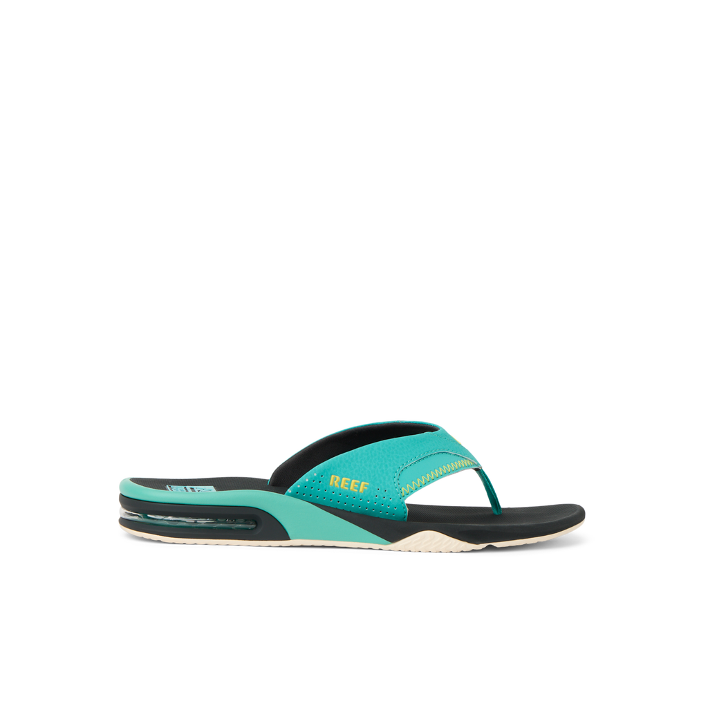 Fanning men's teal flip flop facing left, featuring anatomical arch support and soft-rebound cushioning for beach comfort.