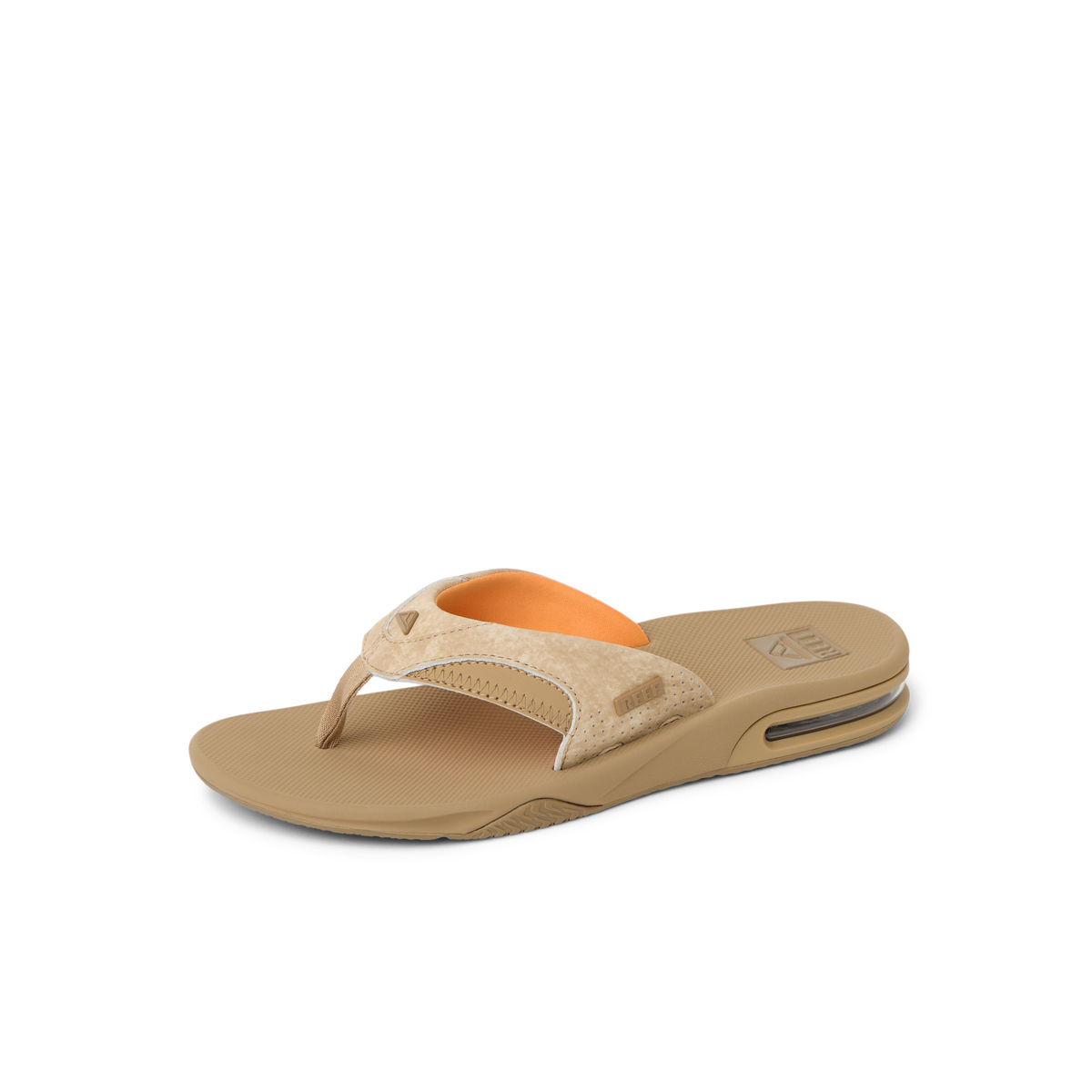Fanning men's tan sandal facing right, close-up of cushioned arch support and water-friendly sole, beach-inspired comfort design.