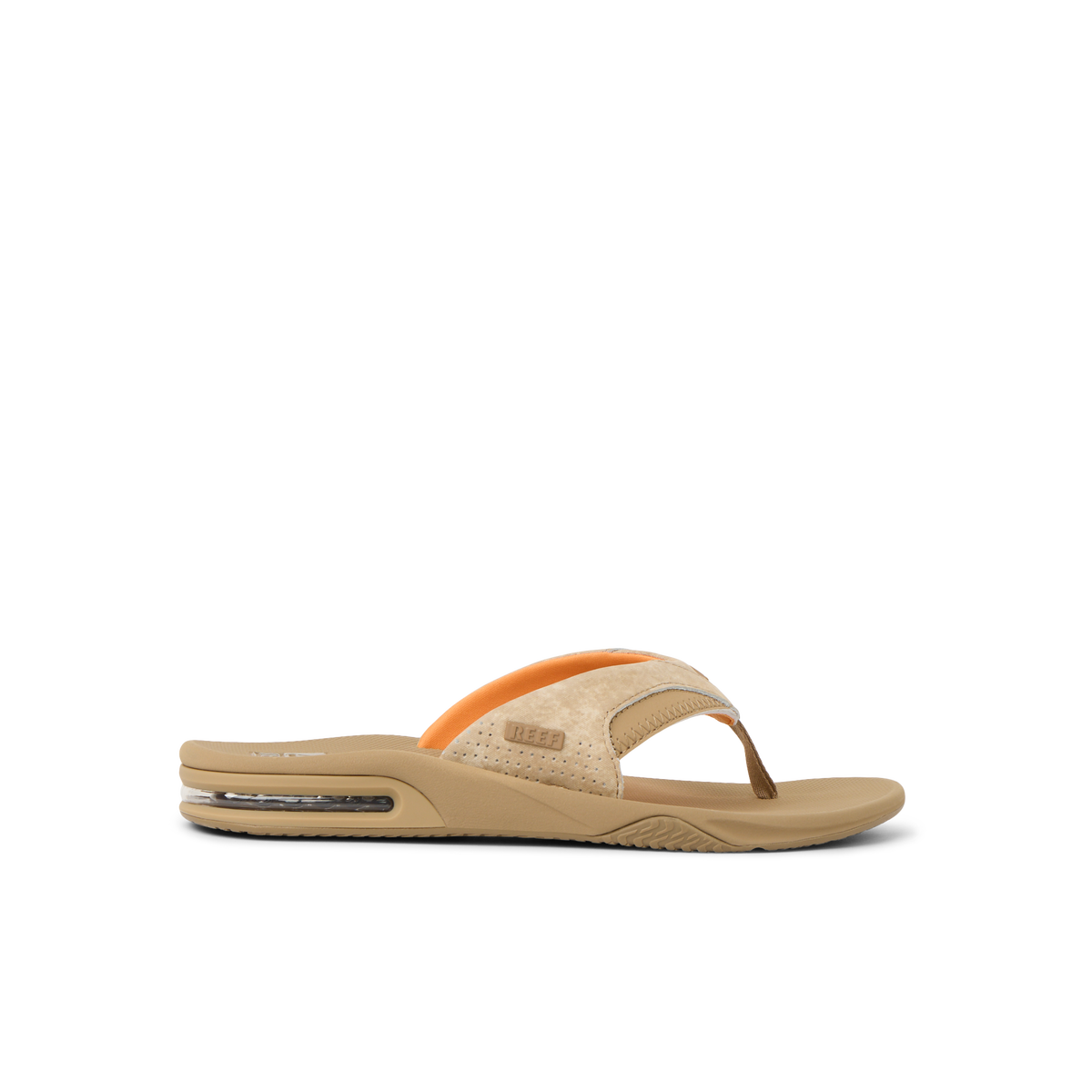 Fanning men's right-facing tan flip flop sandal with anatomical arch support and soft cushioning by REEF