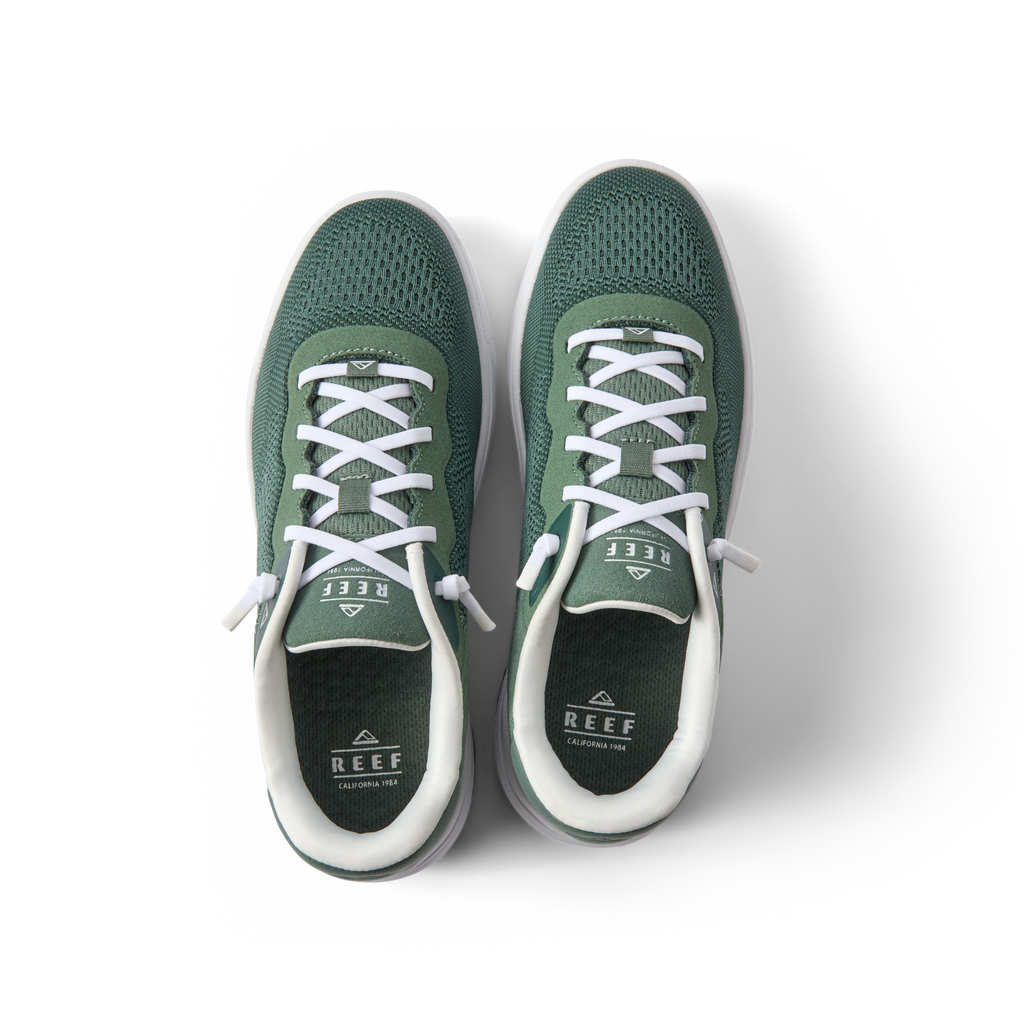 Top view of Shoreline Del Mar men's sneakers in green, showing breathable mesh upper and cushioned interior for comfort.