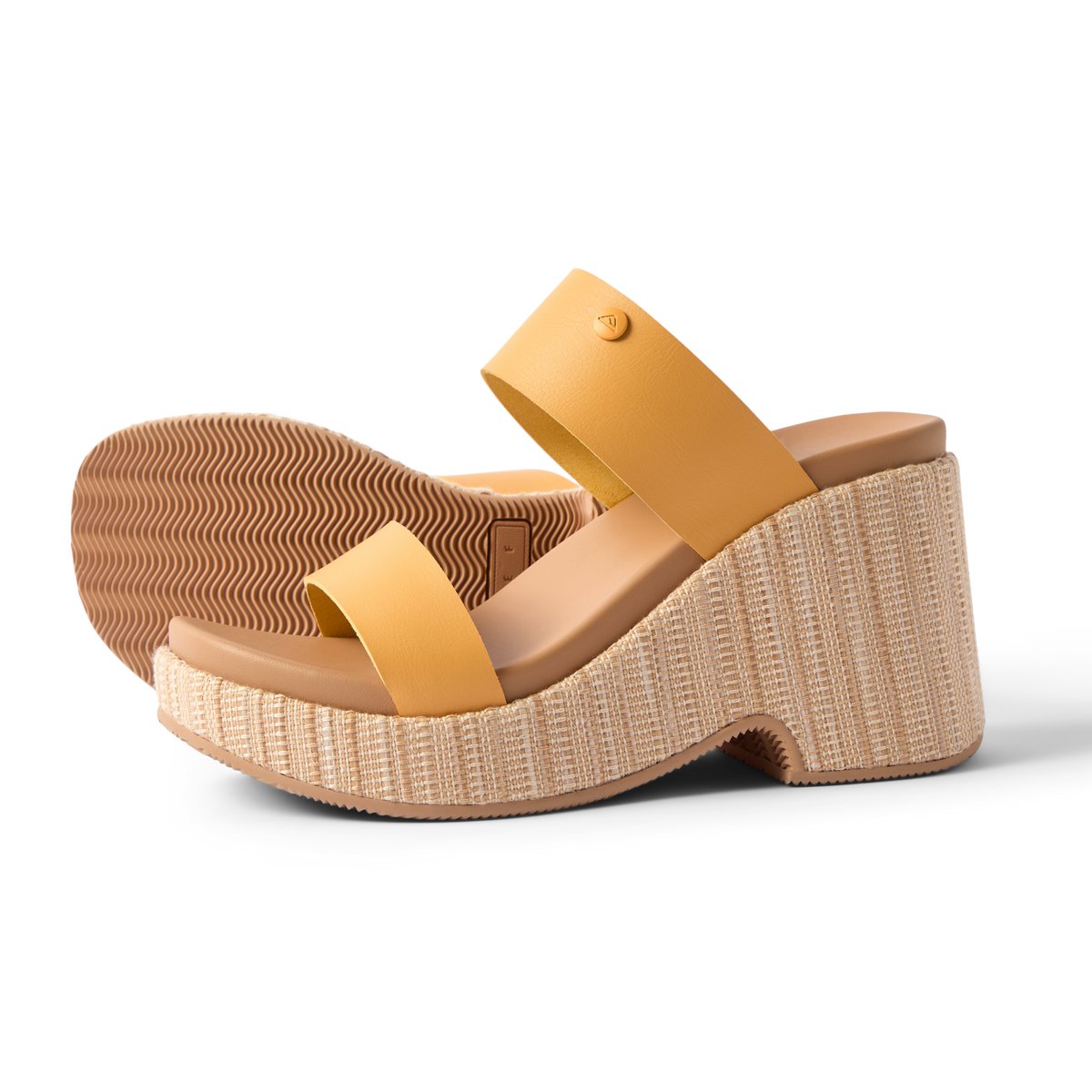 Sunset Ibiza women's sandals showing right side with golden apricot straps, woven platform, and cushioned footbed for comfort.