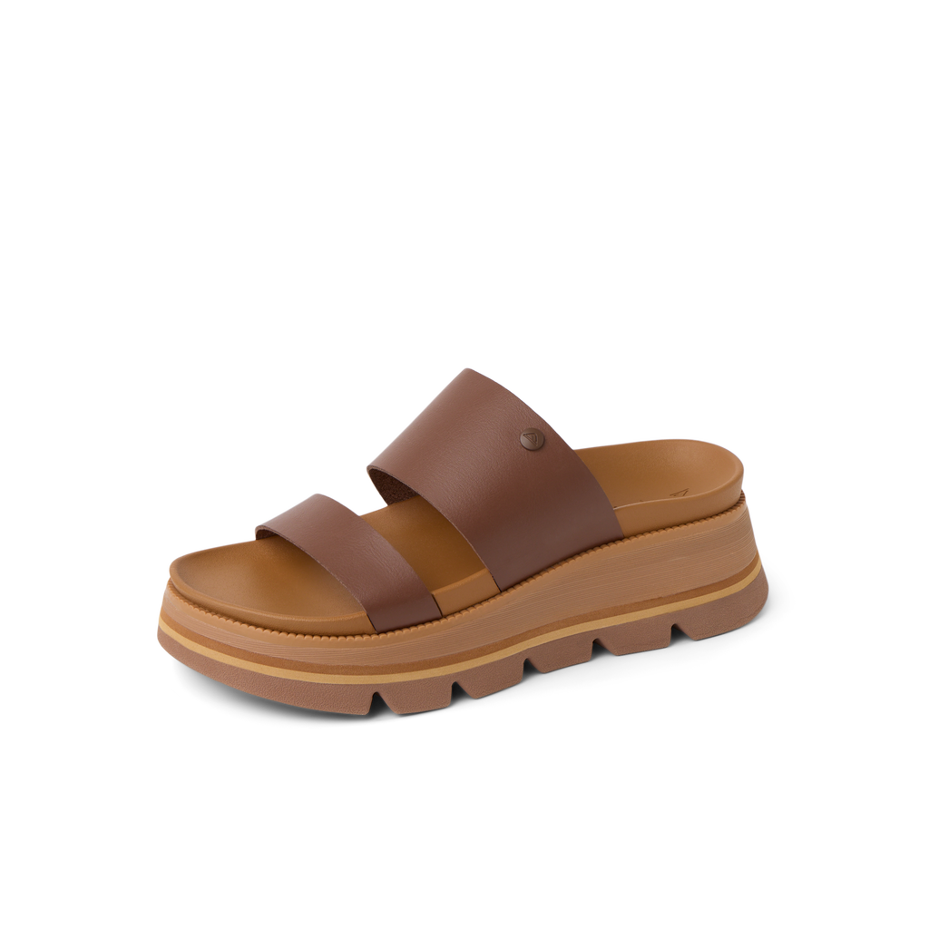 Vista Luxe Siaa women's brown sandal facing right, close-up of upper and cushioned platform sole for beach comfort.