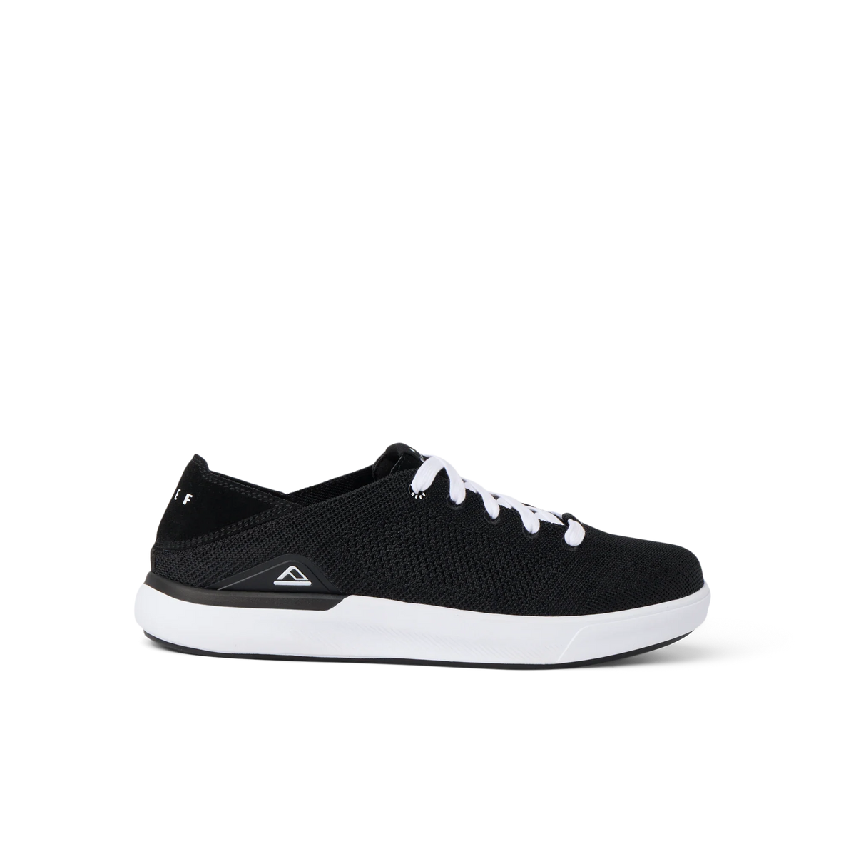 Neptune HT men's black sneaker facing right, showing lightweight knit upper with cushioned white sole, surf-inspired comfort design.