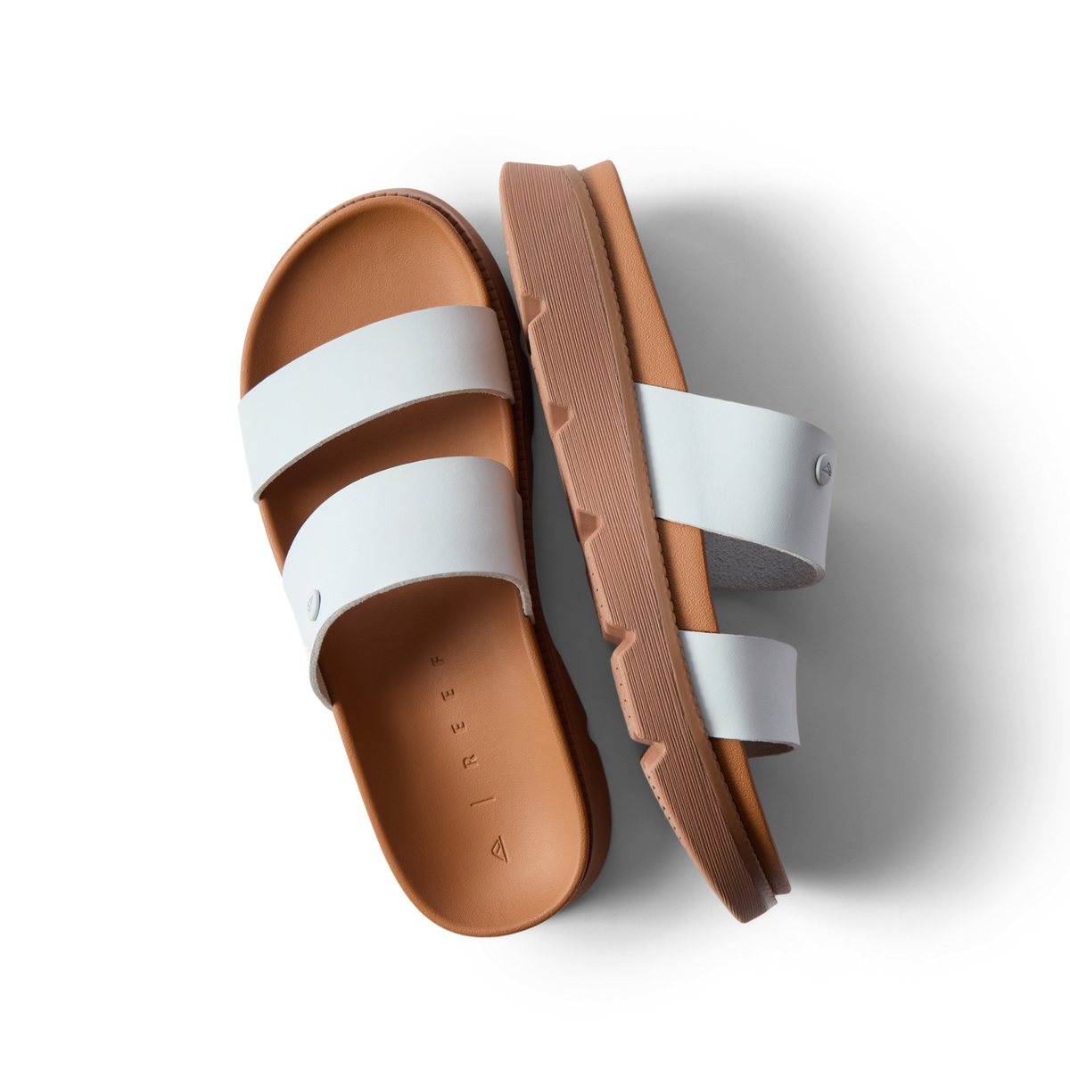 Vista Luxe Thea white double-strap sandals for women, side and top views, beach-inspired comfort with arch support.