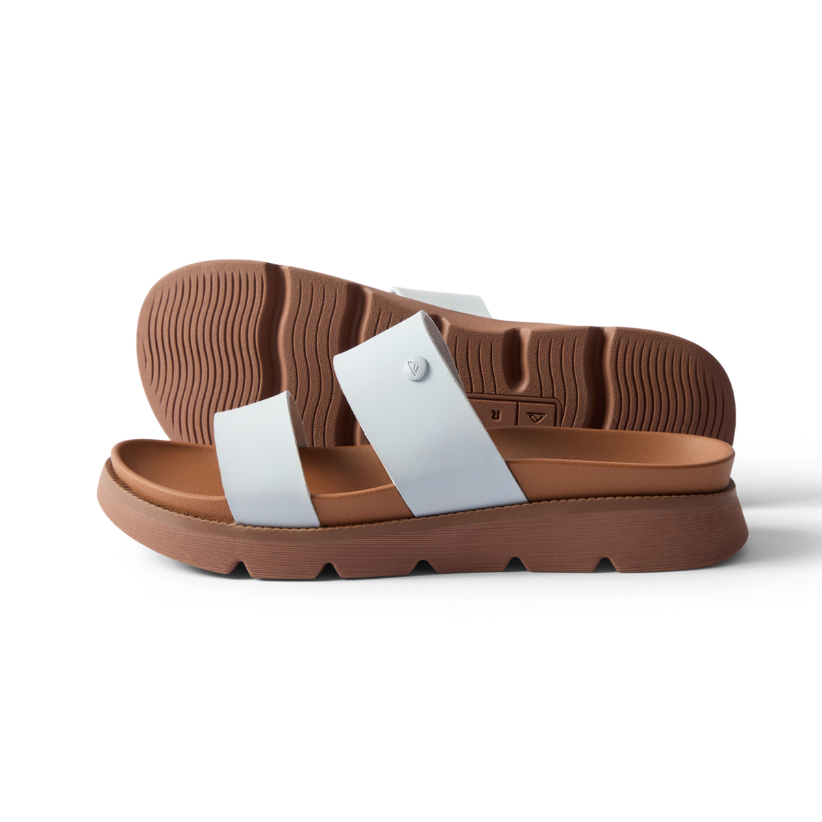 Vista Luxe Thea women's sandals in dusty blue facing right, showing side profile and sole for comfort and durability.