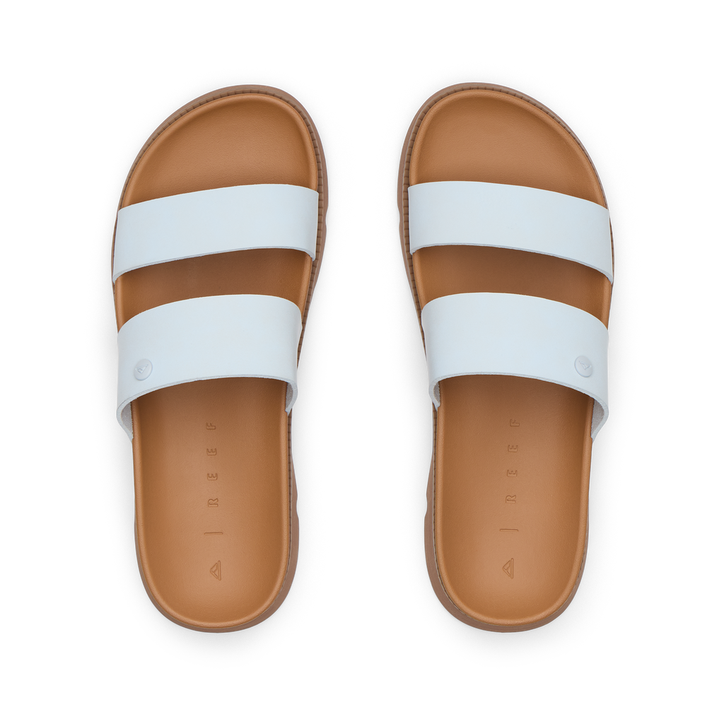 Vista Luxe Thea women's white strap sandals facing up, close-up of soft-rebound cushioned footbeds and arch support