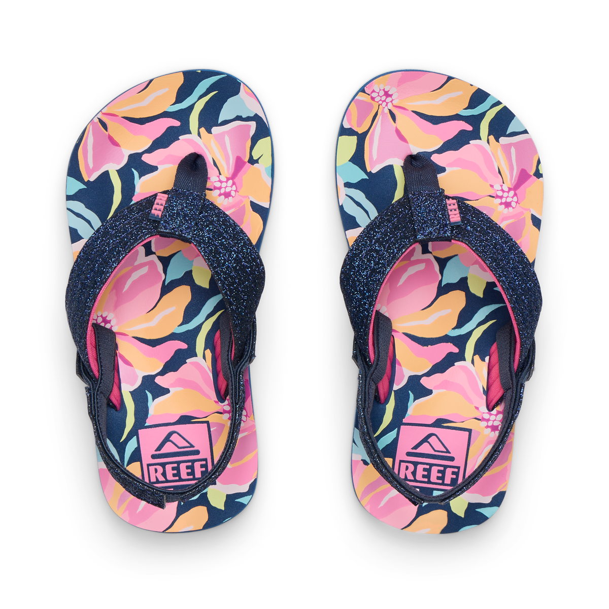 Little Ahi girls’ navy floral sandals top view, durable water-friendly sandals with arch support for beach comfort.