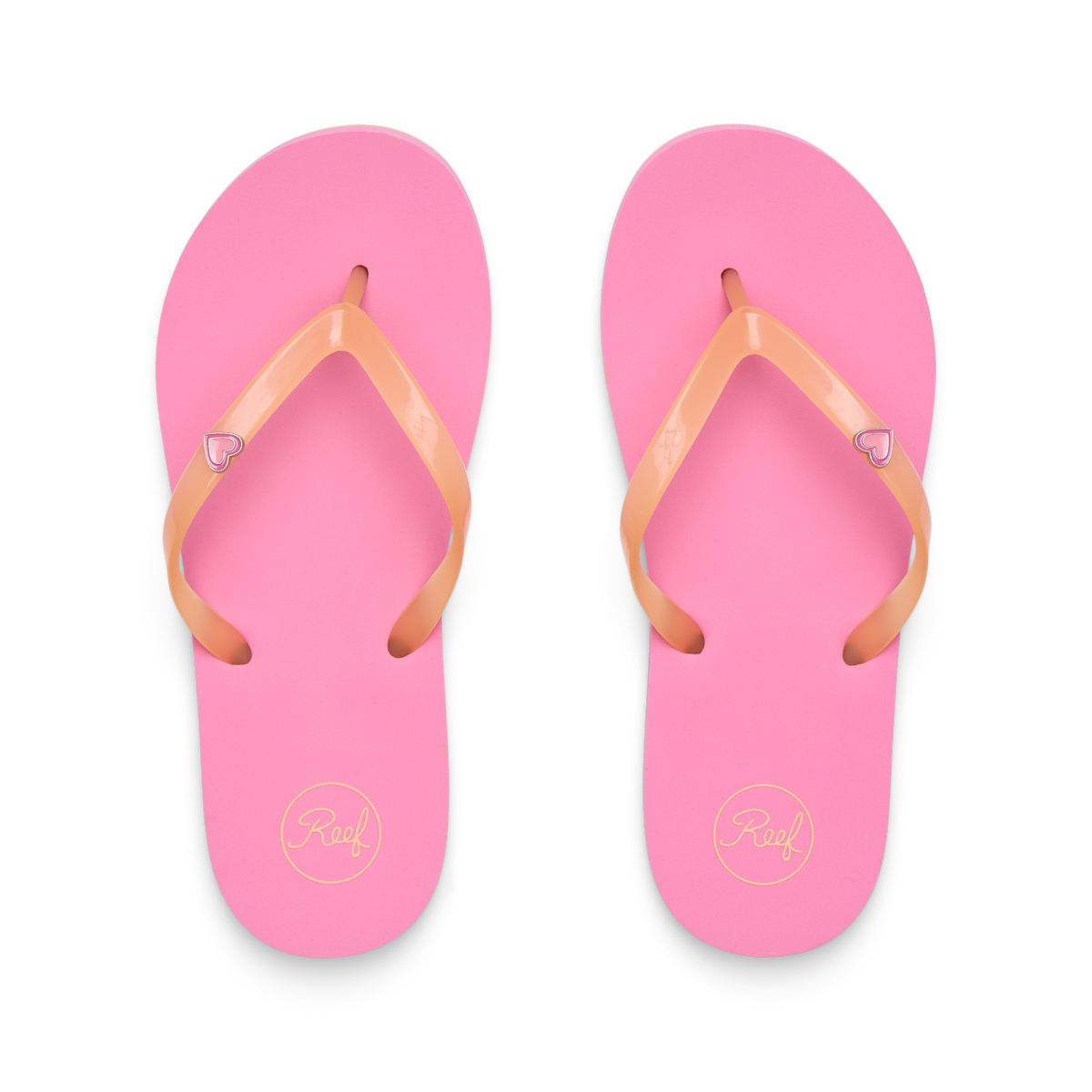 Kids Charming pink flip flops facing up, close-up of soft, water-friendly straps with heart charm and cushioned footbed.
