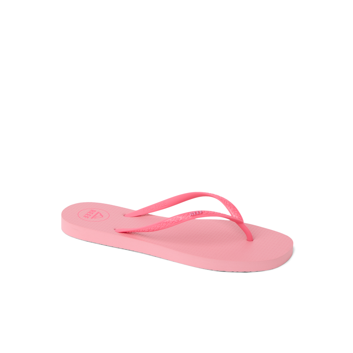 Seaside Square Toe pink flip flop sandal facing right, close-up on front and straps, beach-inspired comfort design.