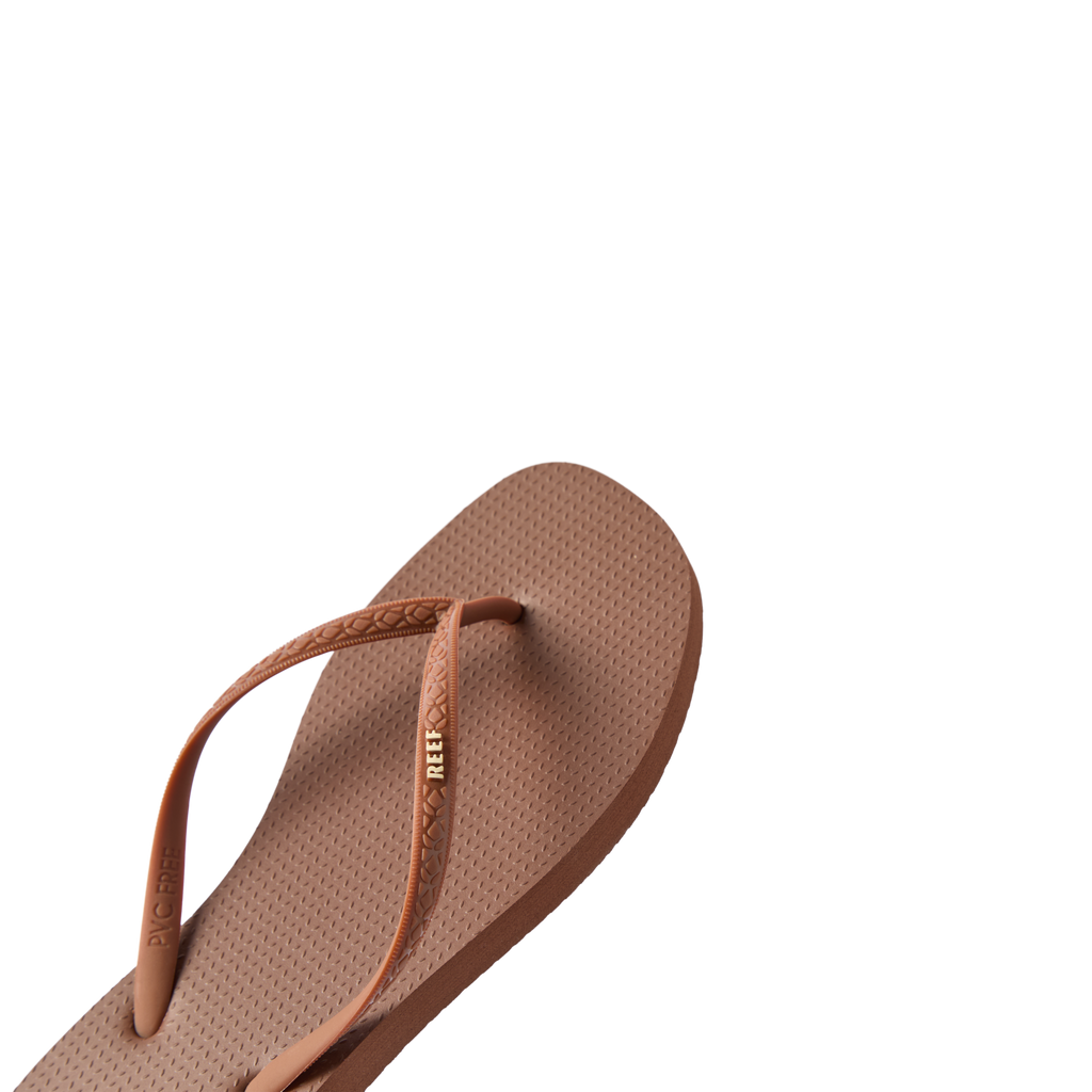 Seaside Square Toe women's brown sandal facing left, close-up of front footbed and straps with arch support features.
