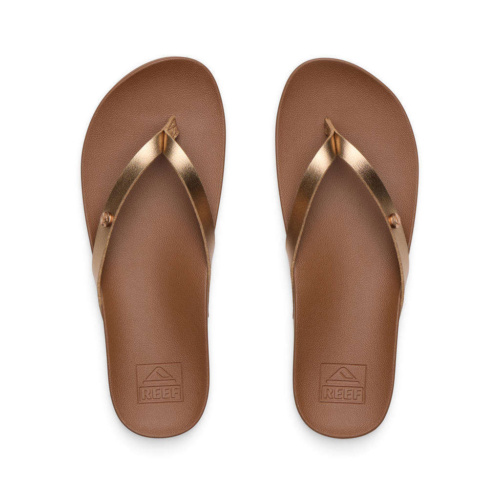Vista Ivy women's flip flops top view, bronze straps, cushioned footbed with anatomical arch support for beach comfort.