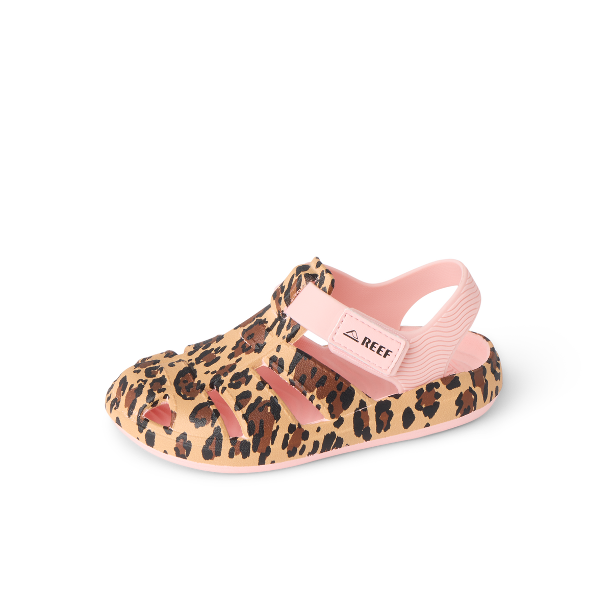 G Totally Beachin toddler sandal facing right, leopard print with pink adjustable strap, water-friendly and comfort-focused design.