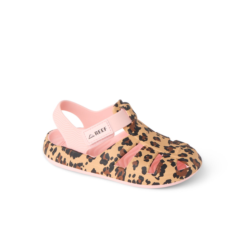 G Totally Beachin sandal facing right, close-up of closed-toe cheetah print with adjustable velcro strap, water-friendly design.