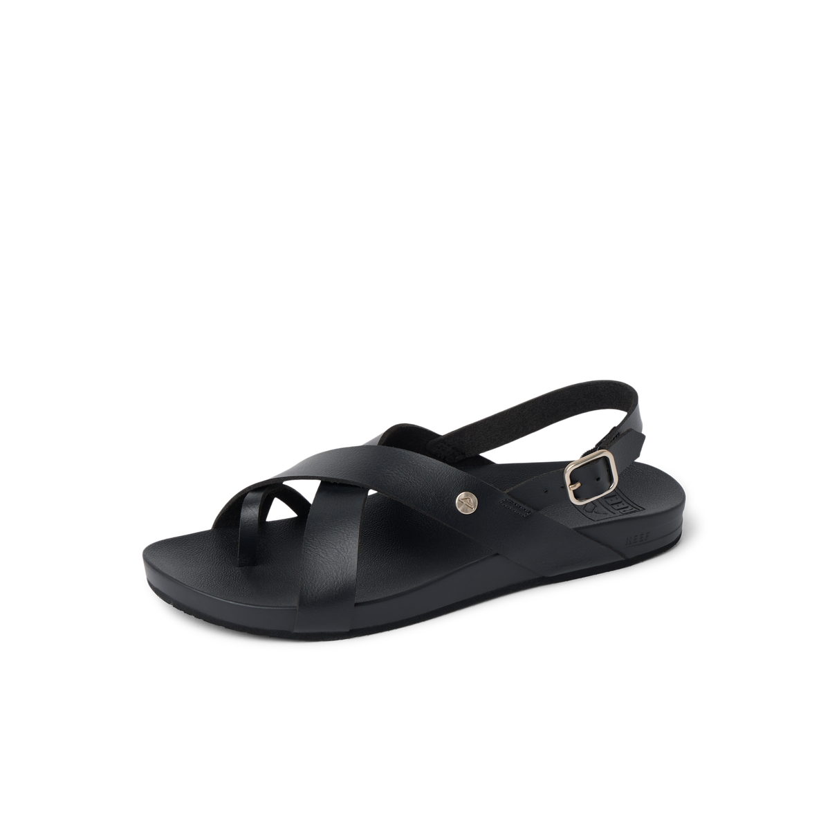 Vista Malia women's black sandal facing left with adjustable strap, cushioned sole, and anatomical arch support.