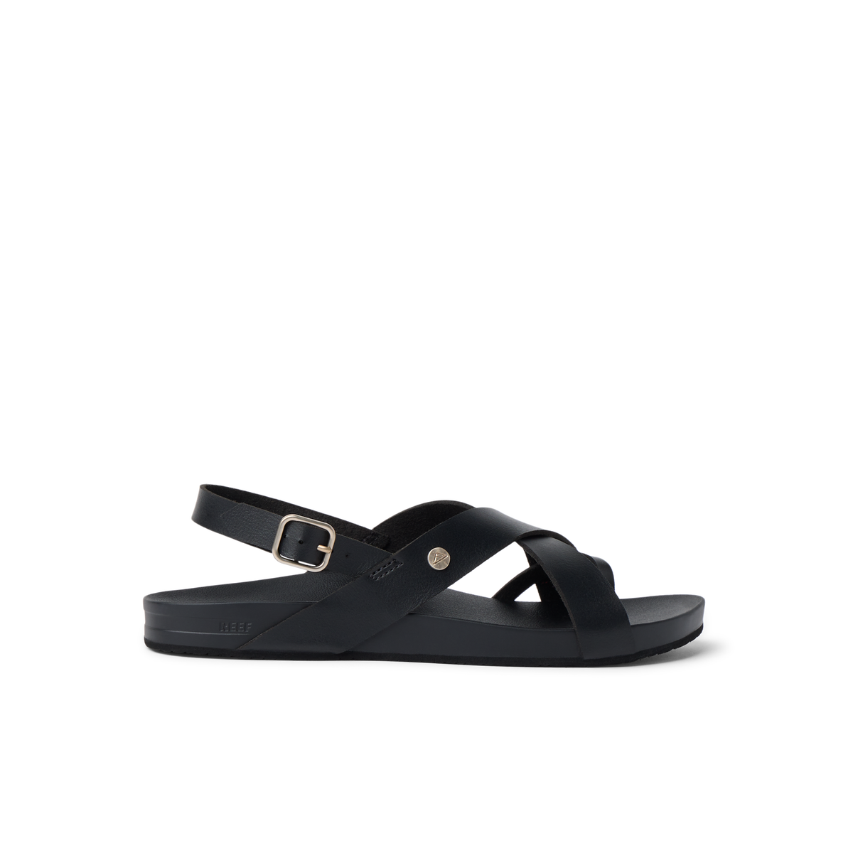 Vista Malia women’s black sandal facing right, showing side straps with buckle and cushioned arch support for comfort.