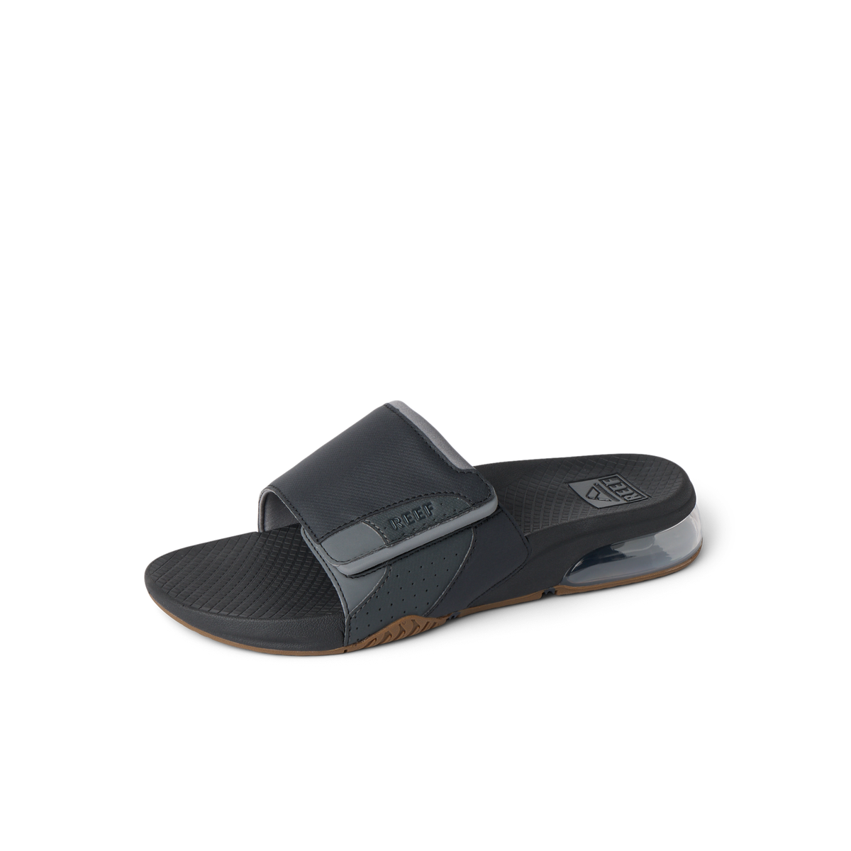 Fanning + Slide facing right, black and grey men's water-friendly sandal with oversized airbag heel and cushioned footbed