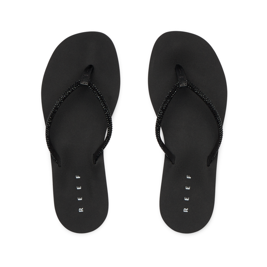 Top view of Bliss Bling Fling black women's sandals facing upward, featuring soft-rebound cushioning and arch support.