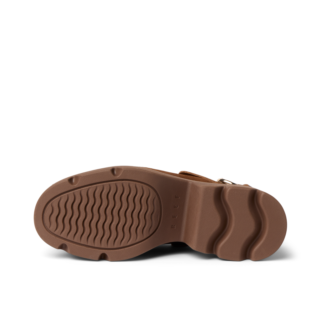 Vista Luxe Solene clog sole close-up showing brown platform outsole with structured arch support, facing upwards.