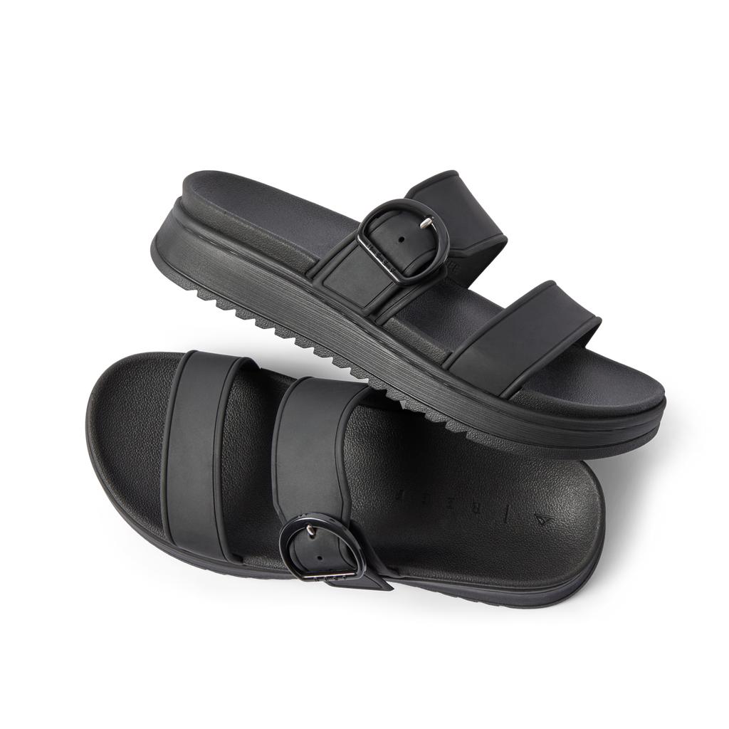 Vista Capri black women's sandals with adjustable buckle straps, side and top view, featuring soft cushioning and arch support.