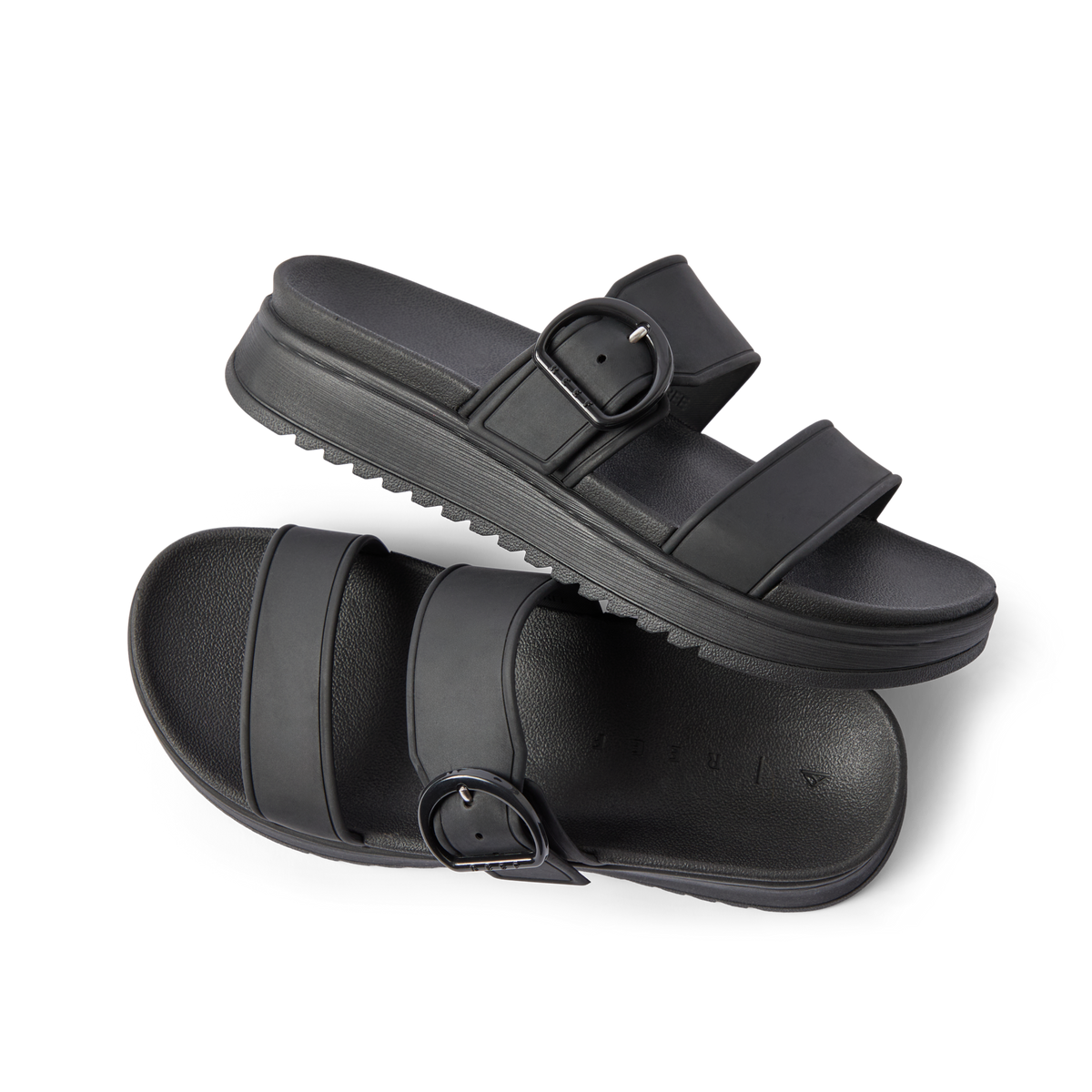 Vista Capri black women's sandals with adjustable buckle straps, side and top view, featuring soft cushioning and arch support.