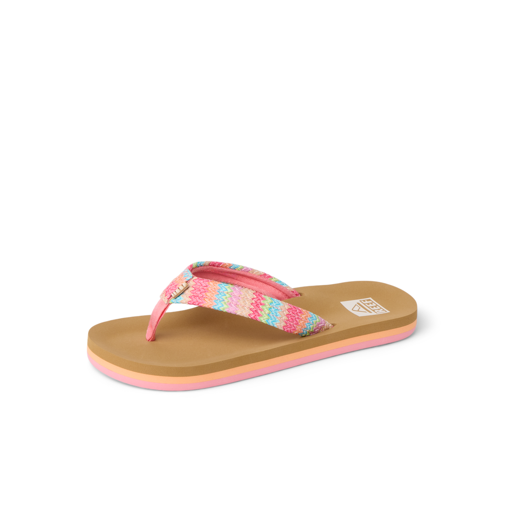 Kids Ahi pink sandal facing right, close-up of front to mid footbed with soft cushioning and arch support