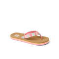 Kids Ahi sandal facing left, showing the front and side with pink, blue, and tan striped fabric straps and cushioned sole.
