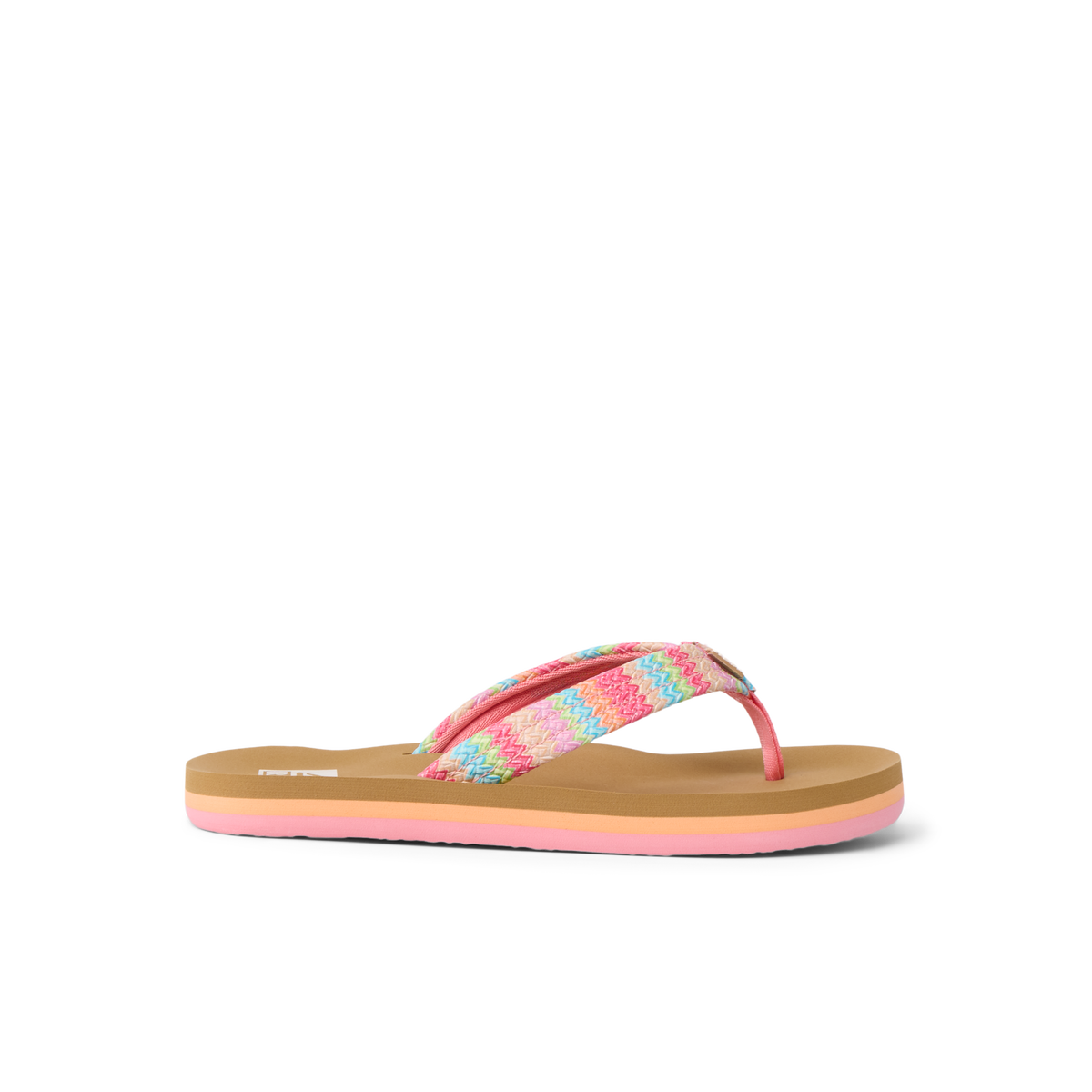 Kids Ahi right-facing sandal with pink zigzag straps, soft cushioning, and anatomical arch support for girls' beach comfort