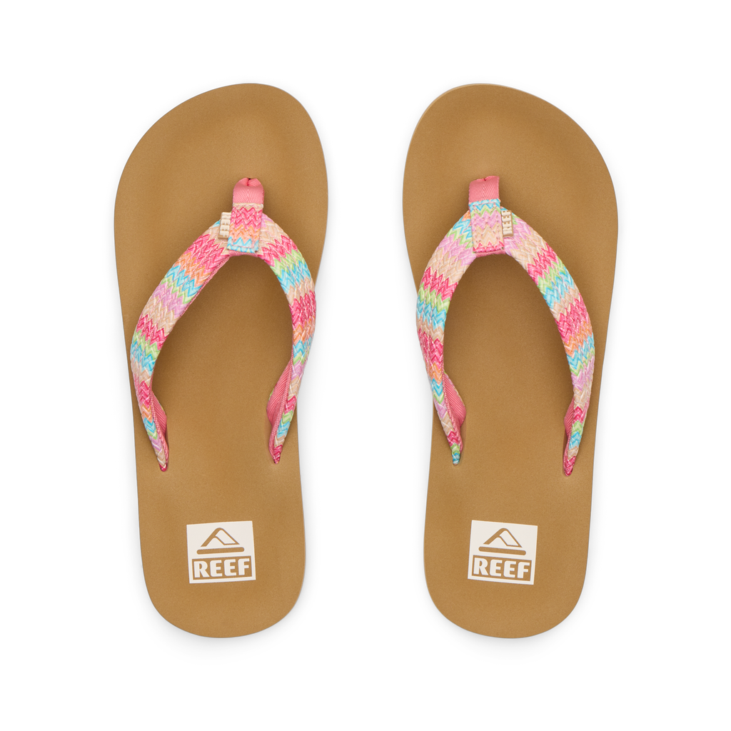 Kids Ahi top view of pink multicolor strap flip flops with soft-rebound cushioning and anatomical arch support for girls.