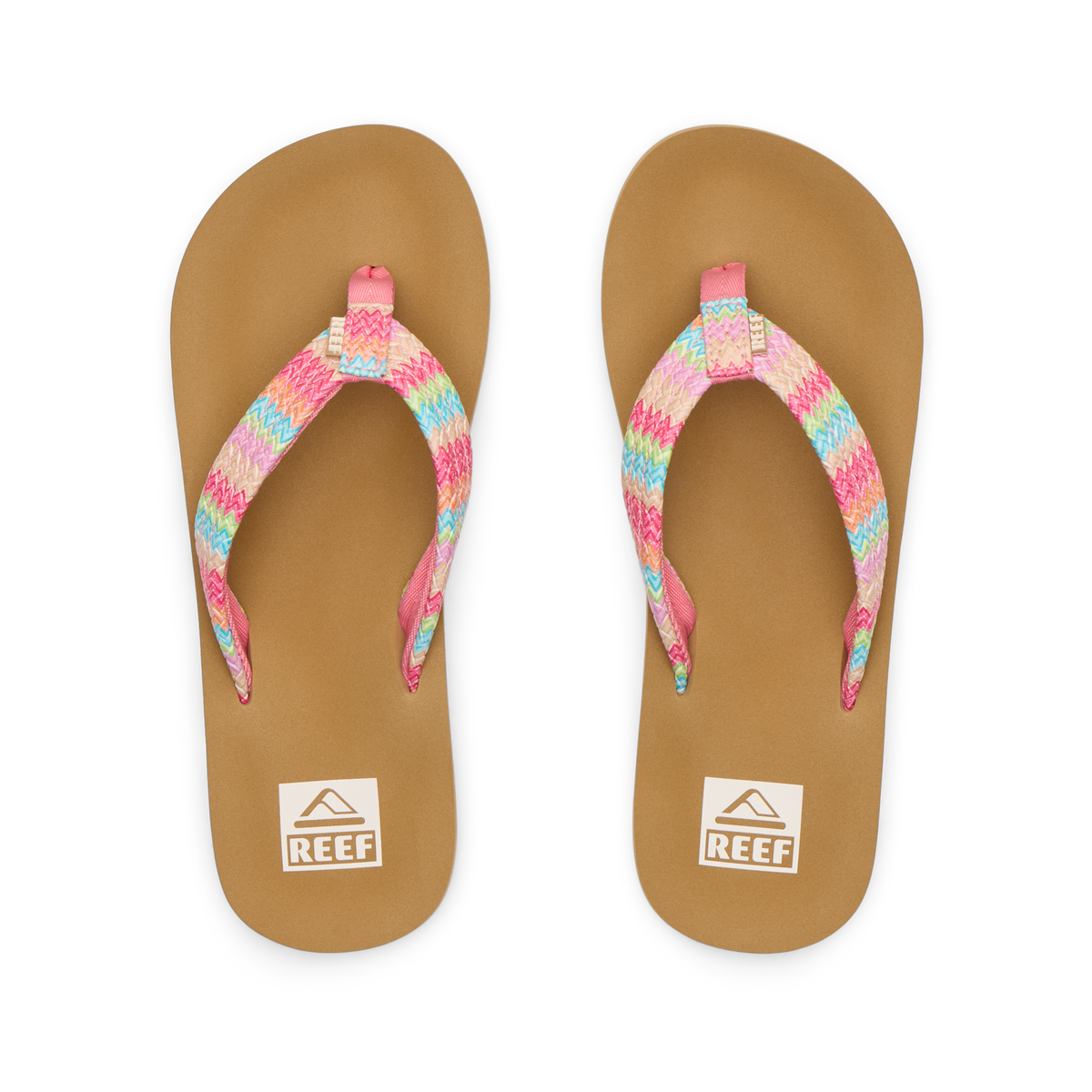 Kids Ahi top view of pink multicolor strap flip flops with soft-rebound cushioning and anatomical arch support for girls.