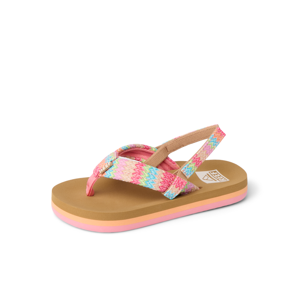 Little Ahi sandal facing right, showing multicolor straps and cushioned sole with anatomical arch support for girls.