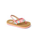 Little Ahi girls' sandal facing left, close-up of the water-friendly, cushioned footbed and pink patterned straps.