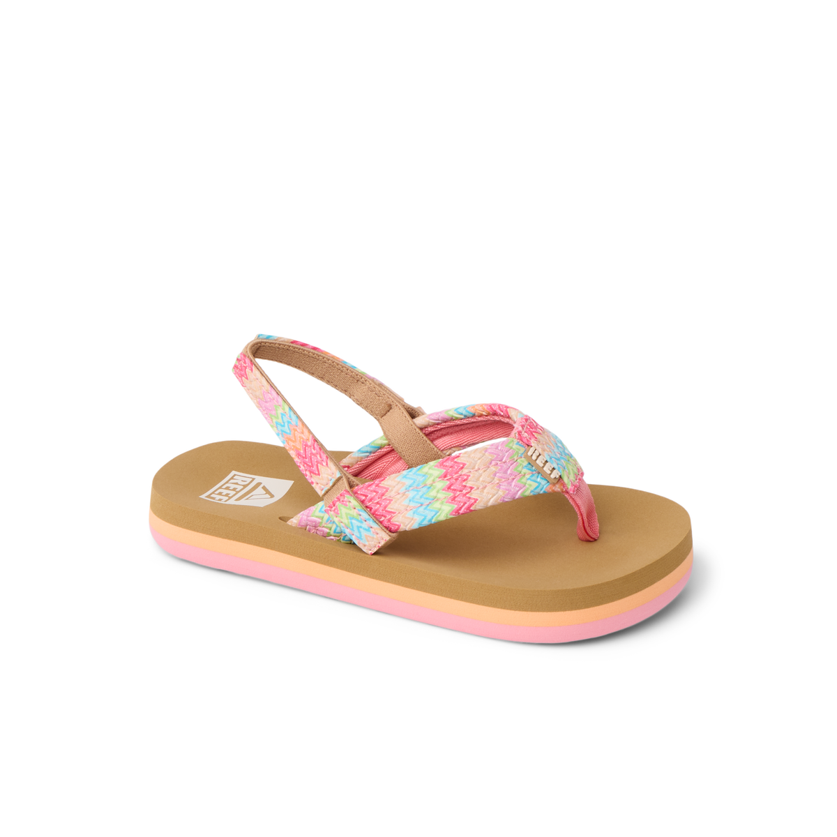 Little Ahi girls' sandal facing left, close-up of the water-friendly, cushioned footbed and pink patterned straps.