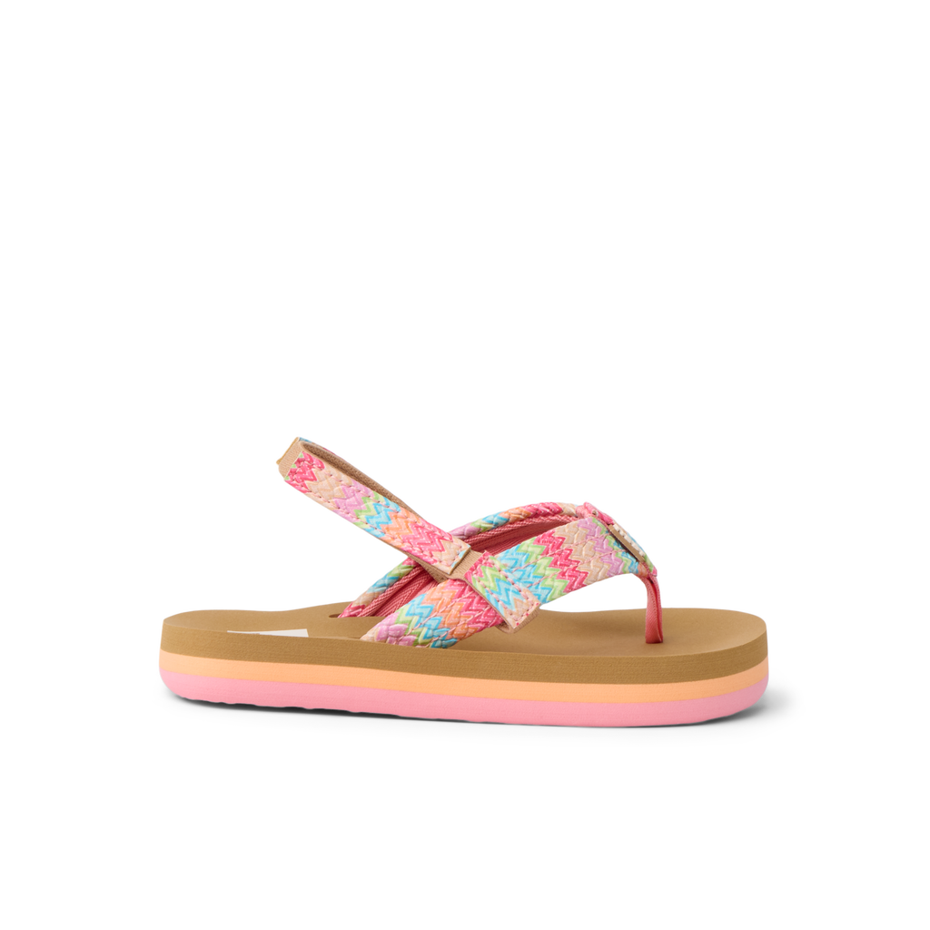 Little Ahi girls' sandal facing left, showing straps and sole with soft-rebound cushioning and arch support.