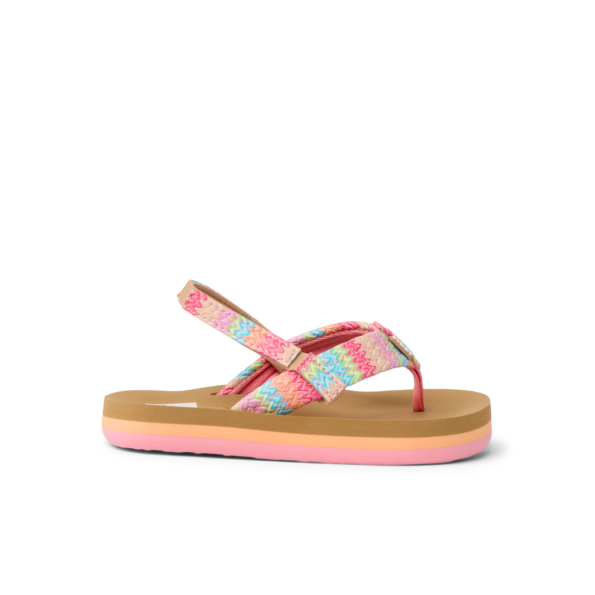 Little Ahi girls' sandal facing left, showing straps and sole with soft-rebound cushioning and arch support.