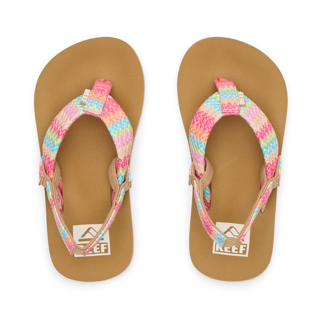 Little Ahi sandals top view facing upward, featuring pink multicolor straps and comfort-focused beach design for girls.