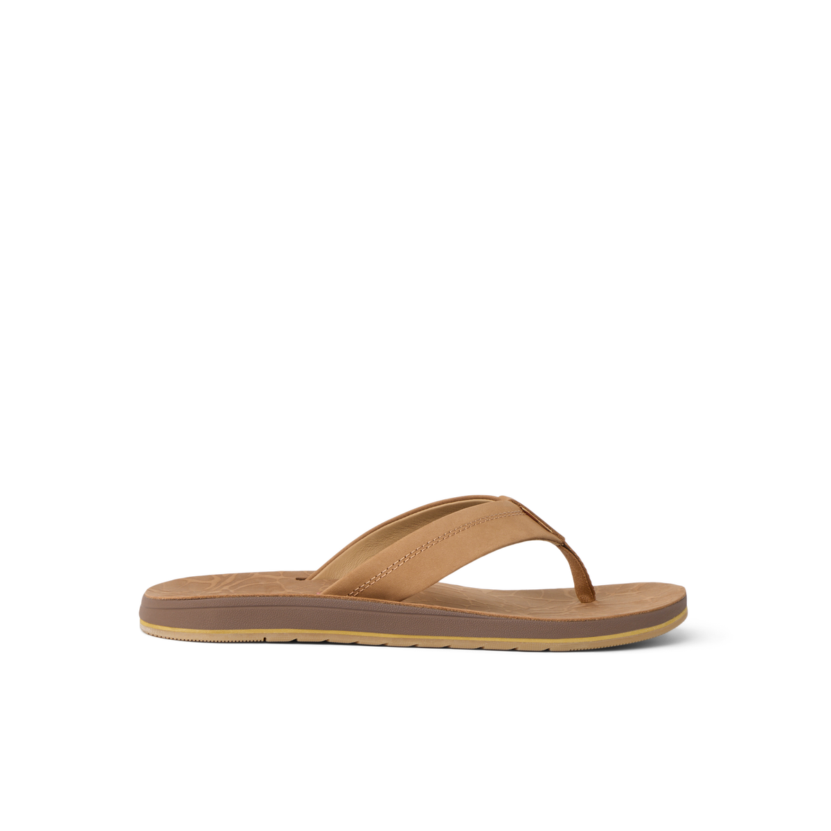 Free Fly X Ojai men's brown leather sandal facing left with cushioned footbed and water-friendly durable sole for beach comfort