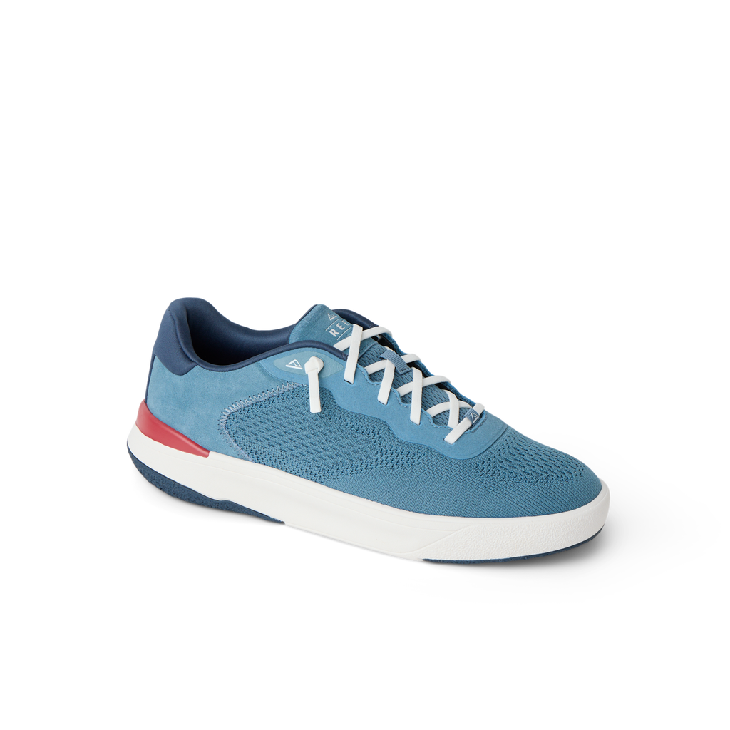 Shoreline Del Mar men's sneaker facing right, navy blue with white laces, featuring soft cushioning and arch support.